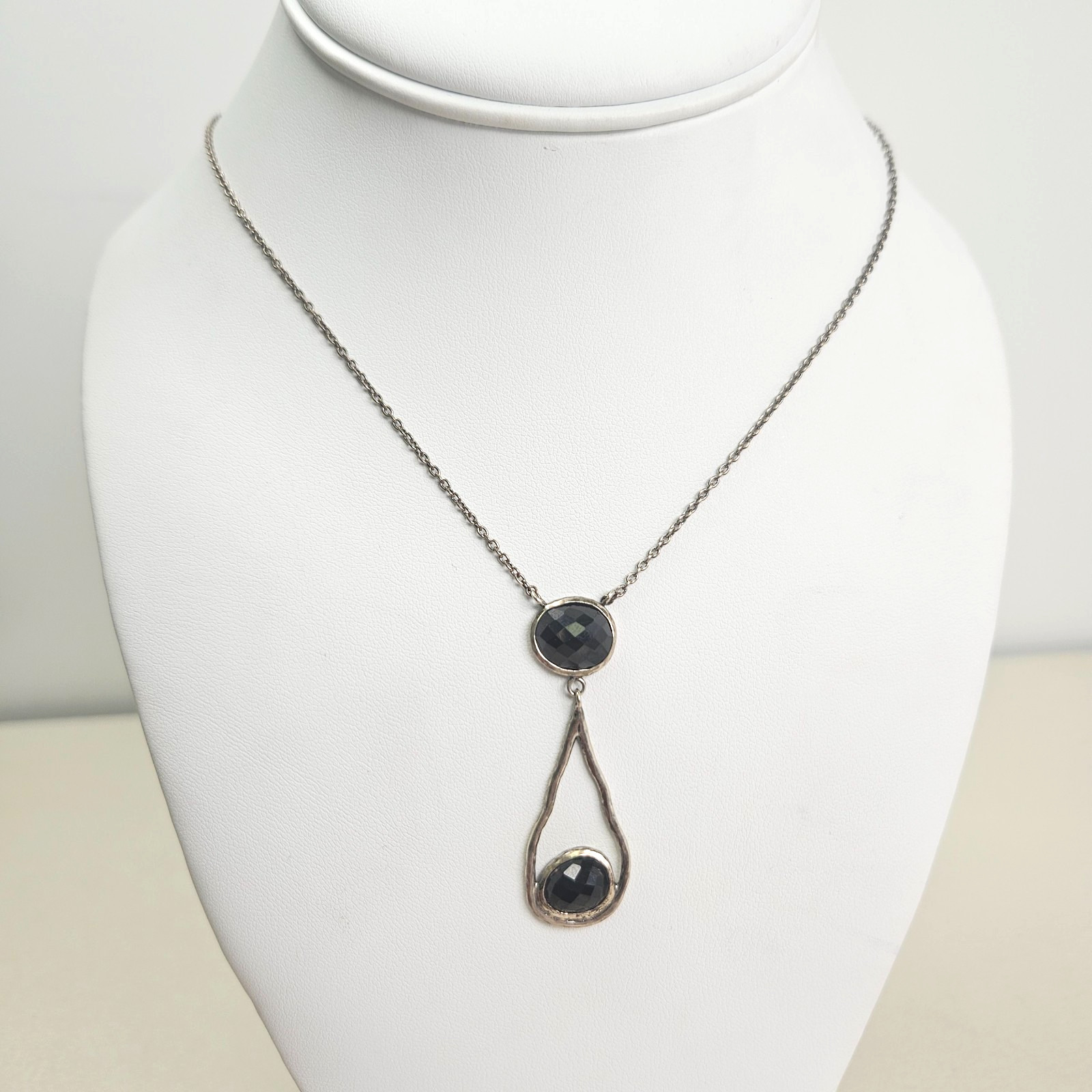 Vintage “G & H” Grace & Heart Sterling Silver Jet Necklace Black Faceted Onyx