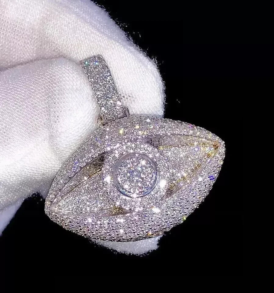 2.50 Ct Round Cut Real Moissanite Evil Eye Pendant 14K White Gold Plated Silver