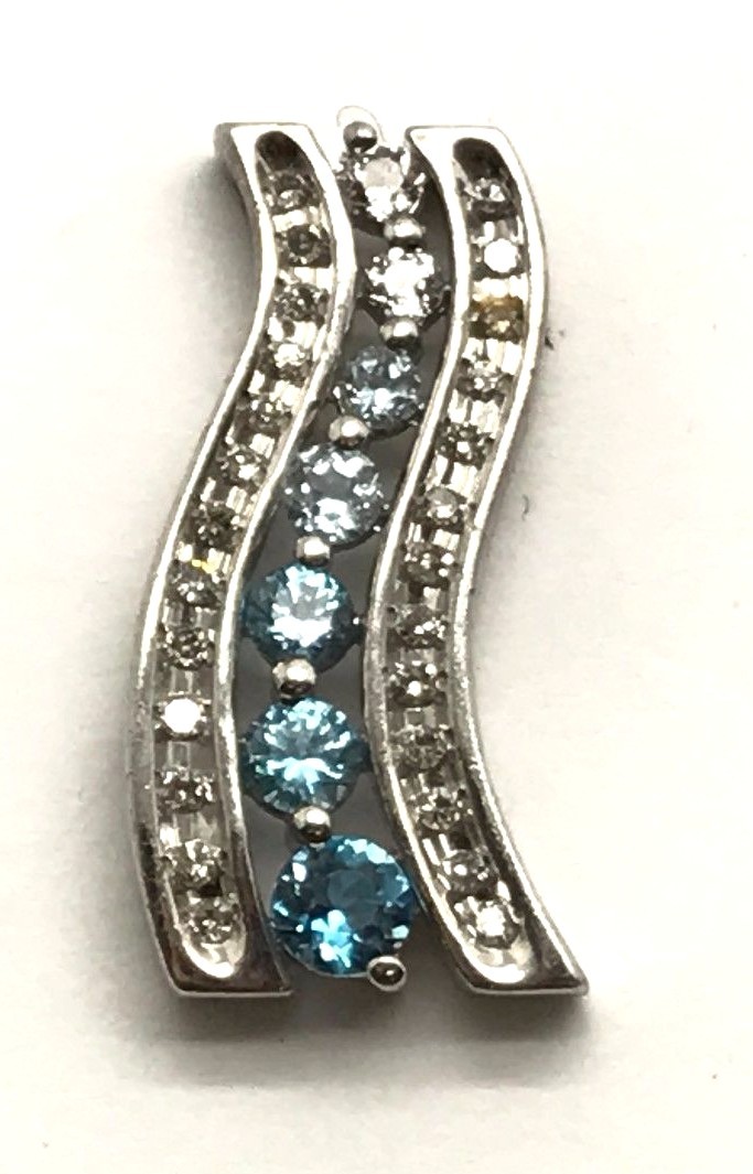 Sterling Silver Blue Topaz – Aquamarine Diamond Pave Wave Curve Elegant Pendant