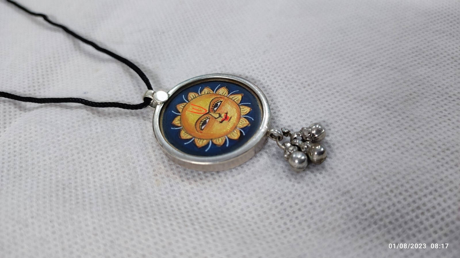 Handmad Art Painting Glass Framed 92.5 Silver Dangles Pendant Deity Sun Necklace