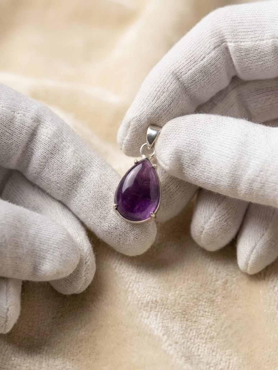 Purple Gemstone Teardrop Pendant Silver Tone Pear Crystal Boho Minimalist Gift