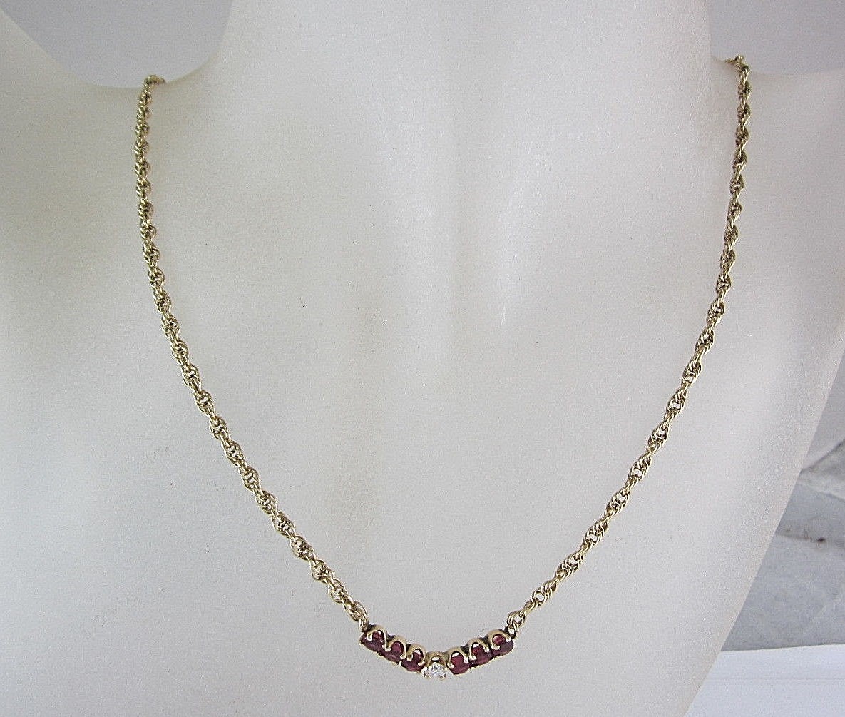 LADIES 14K YELLOW GOLD DIAMOND & PINK SAPPHIRE NECKLACE 0.17DW 7.5G