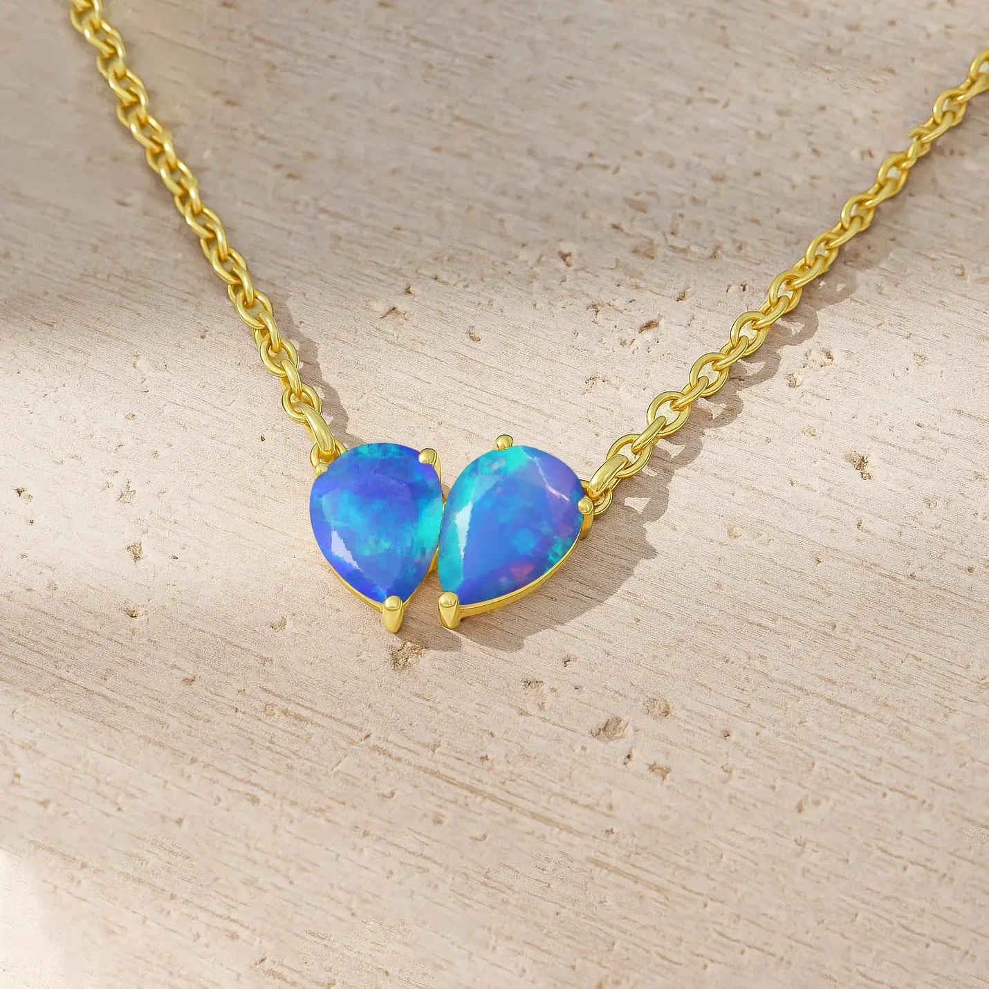 Natural Blue Opal Dual Pear Gemstone Necklace, Multifire Opal Gold Chain Pendant