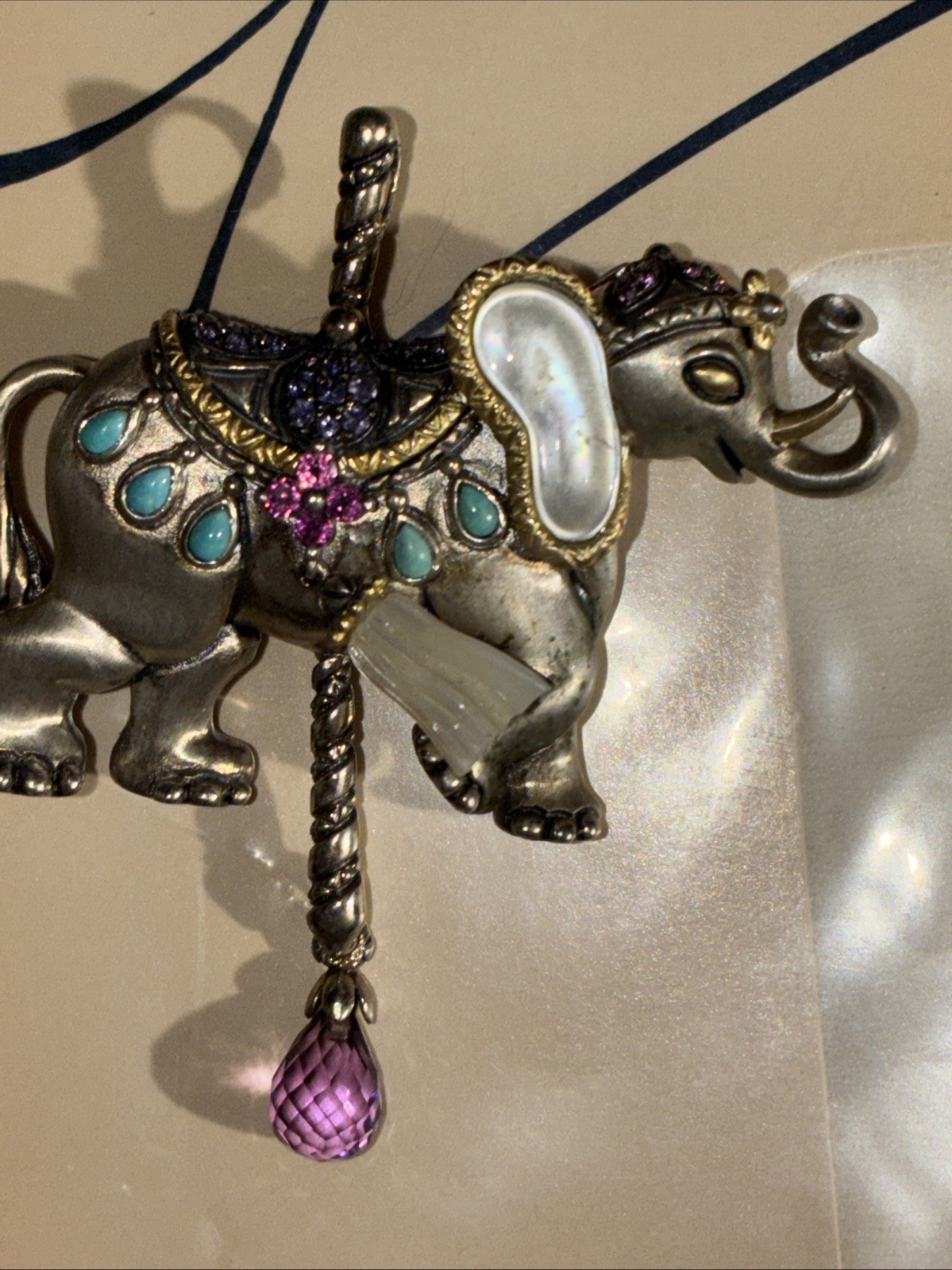 Barbara Bixby Carousel Elephant Pin Pendant Gemstone Tassel MOP Turquoise Iolite