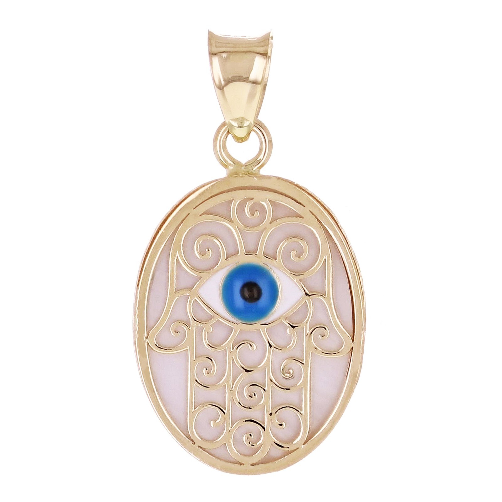 Italian 14k Yellow Gold Enamel Oval Evil Eye Hamsa Hand Charm Pendant 1.2 grams