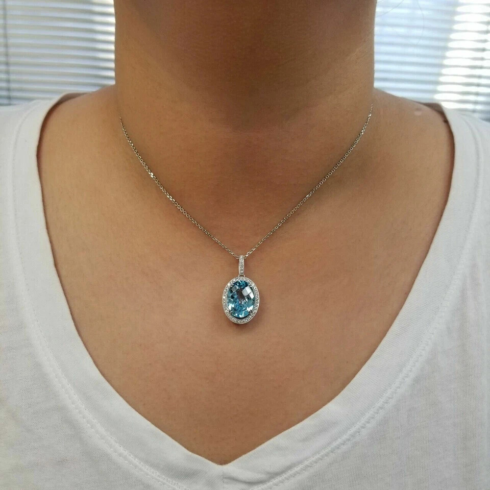 3.50Ct Oval Cut Aquamarine Women’s Halo Pendant 14K White Gold Finish Free Chain