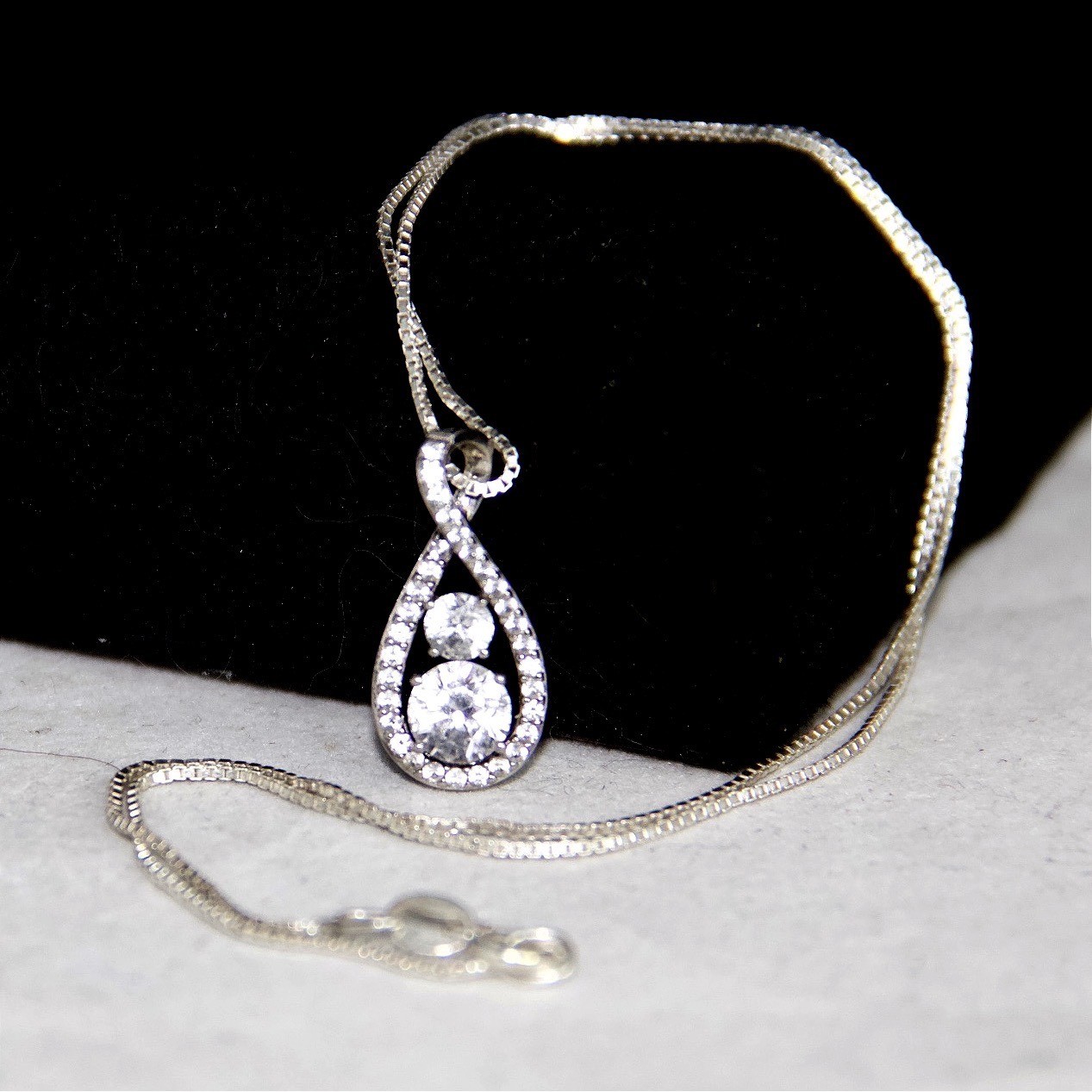 Sterling Silver 925 Teardrop Infinity Cubic Zirconia Pendant Box Chain Necklace