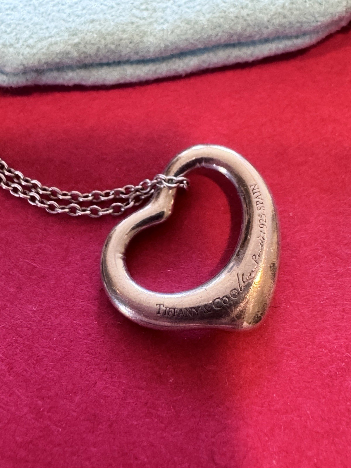 Tiffany & Co Silver Elsa Peretti 16mm Small Open Heart 17″ Necklace in Pouch