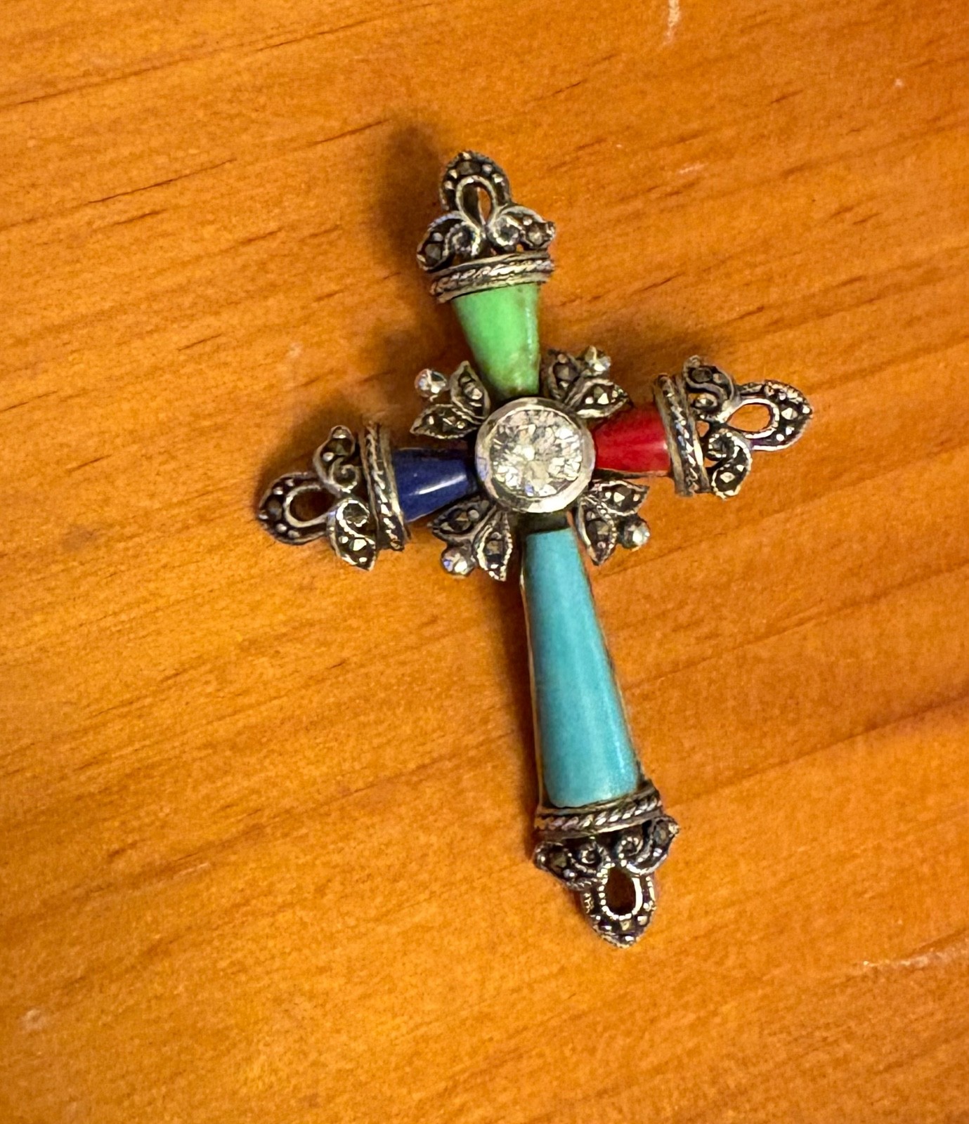 925 Sterling Silver Cross Pendant Turquoise Coral Lapis 2″ 7.16 grams CZ Gemston