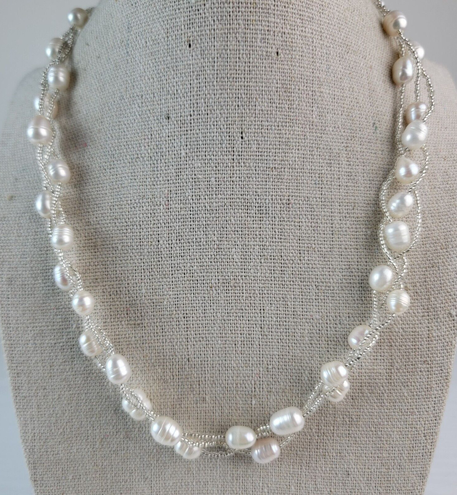 White Cultured Pearl 3-Strand Braided Beaded Necklace 18 Inch Magnetic Clasp