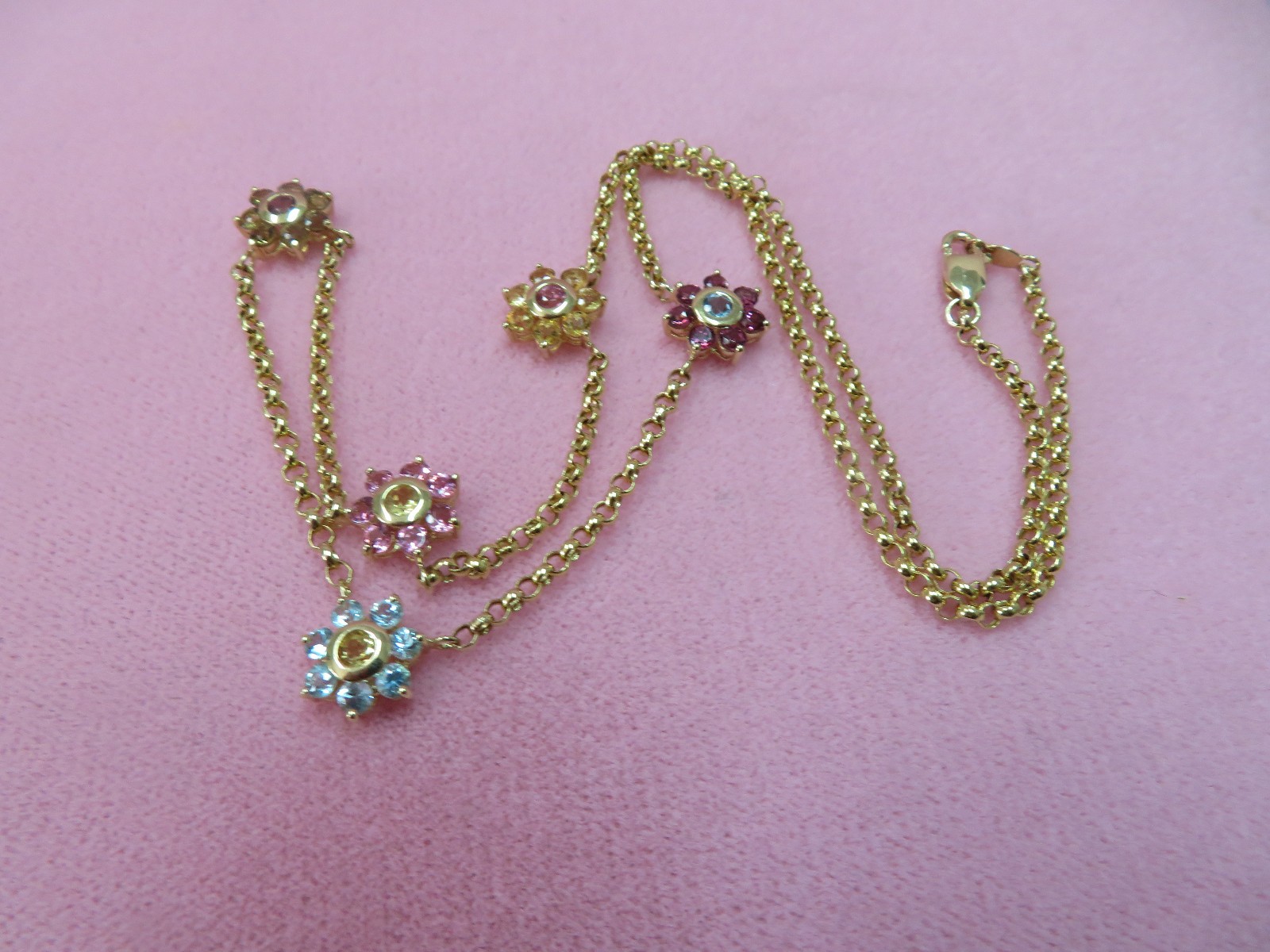 18″ 14k Solid Yellow Gold Rolo chain Multi Color Gemstone Necklace 6.08 G (#402)