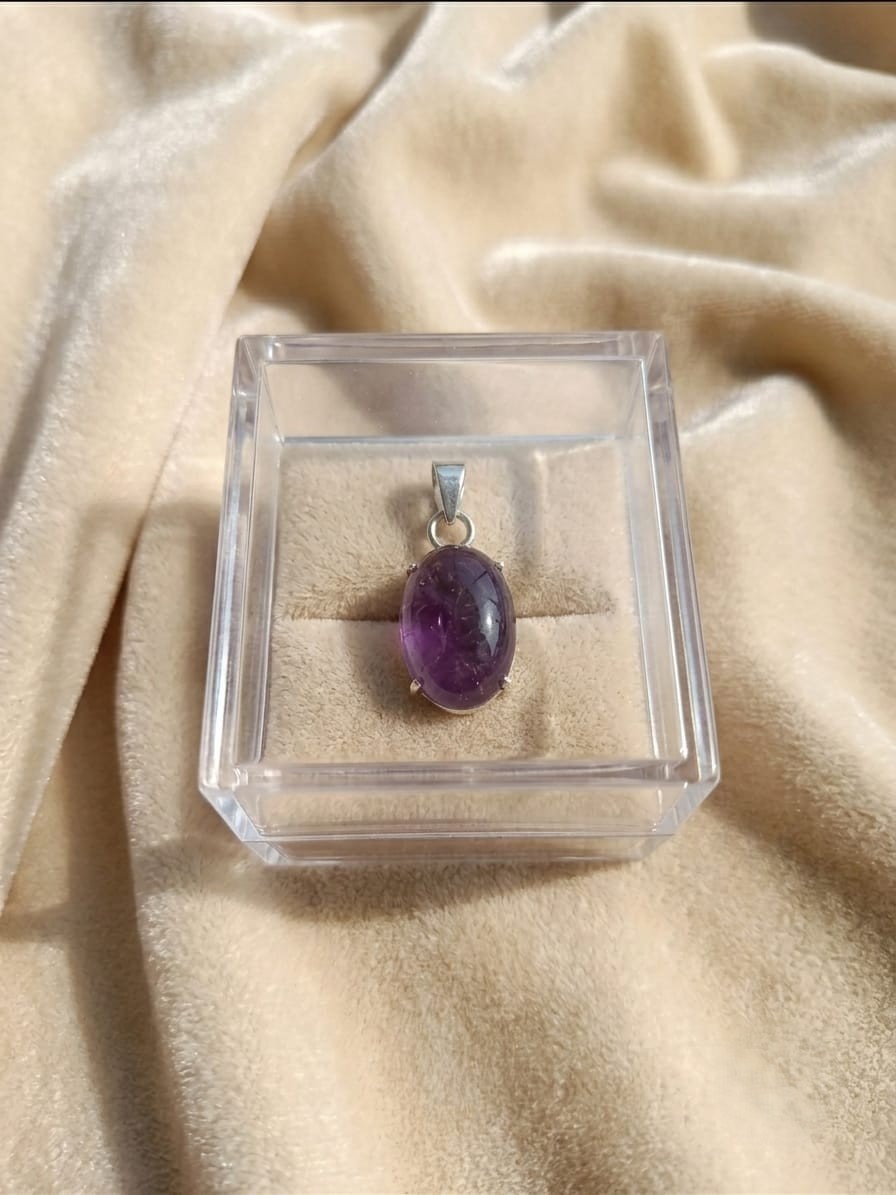 Purple Gemstone Oval Pendant Silver Tone Cabochon Jewelry Gift for Women