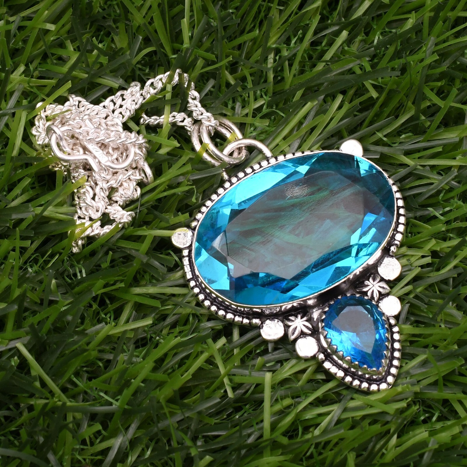 Blue Topaz 925 Sterling Silver Gemstone Handmade Jewelry Pendant 2.15″
