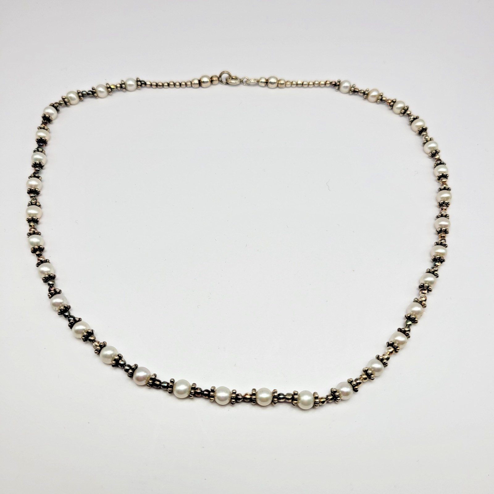 Sterling Silver 4mm Cultured Freshwater Pearl Bali Bead Station Necklace ~ 16″
