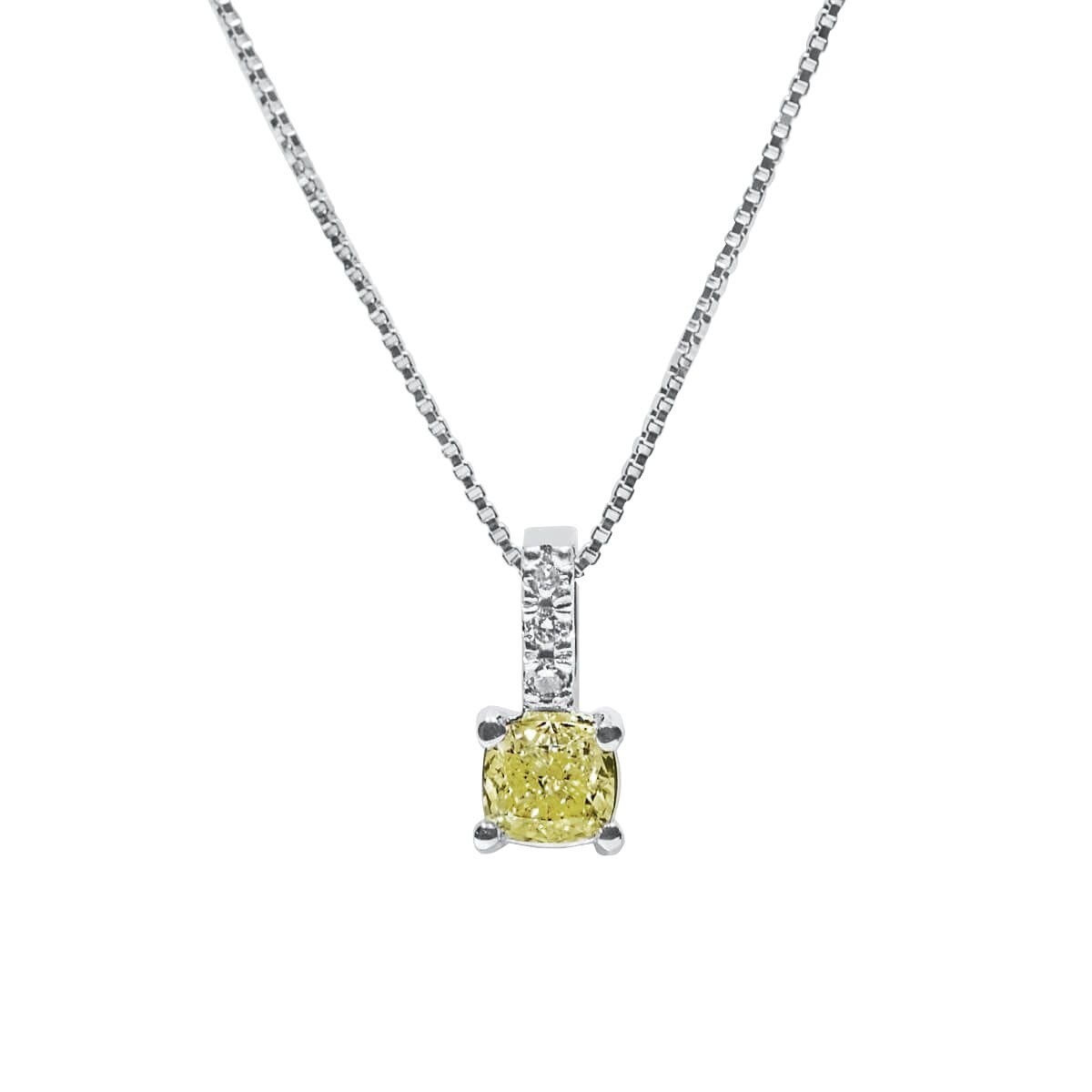 0.27 Ct Fancy Light Yellow Diamond Necklace Cushion Cut Natural 18K White Gold