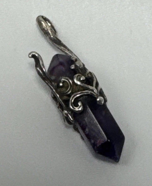 Amethyst Crystal Point Pendant Ornate Silver Tone Filigree Boho 1”