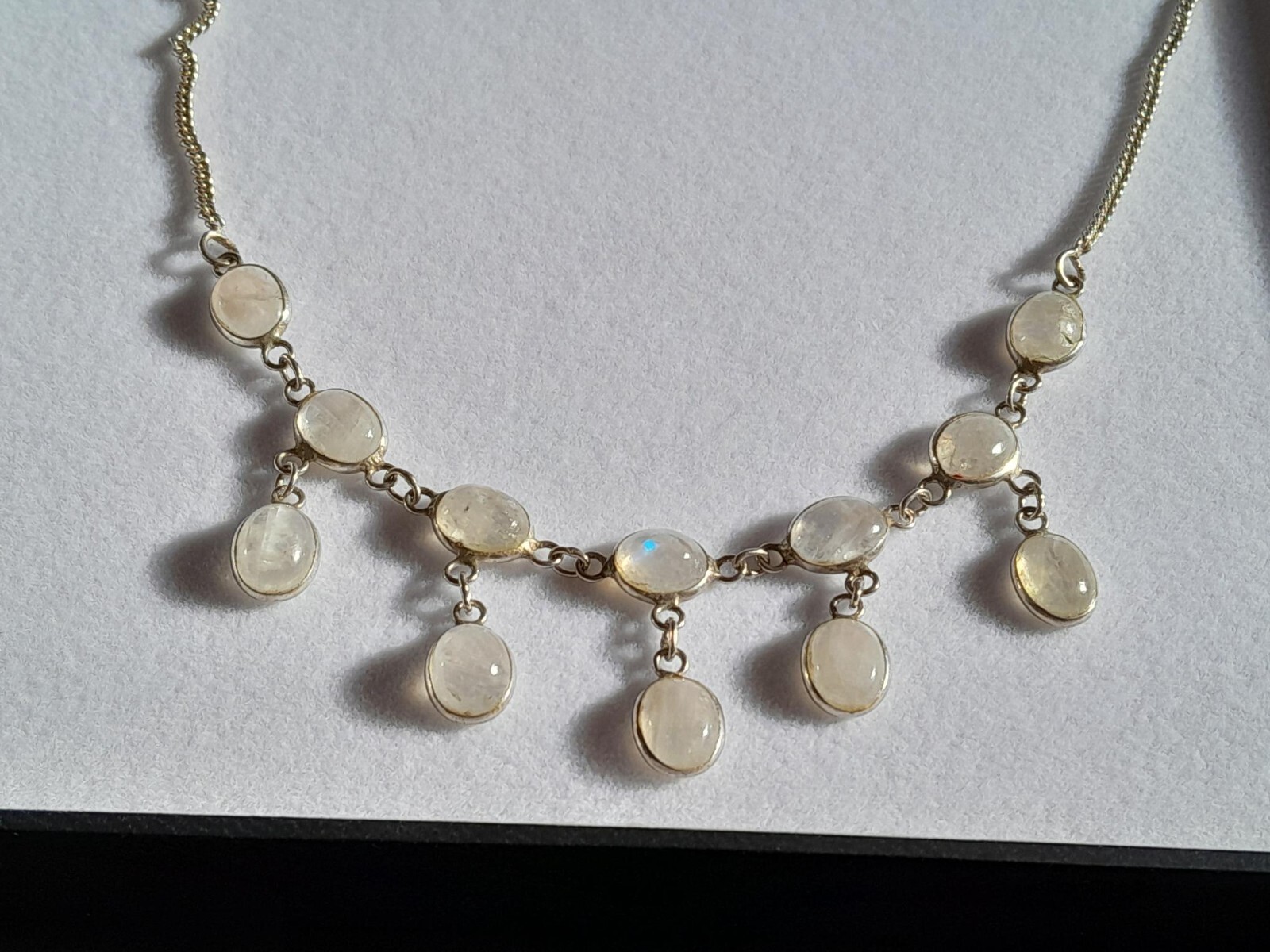 ANTIQUE 1910 STERLING SHEPHERD’S HOOK CEYLON MOON STONE NECKLACE HUES OF BLUE