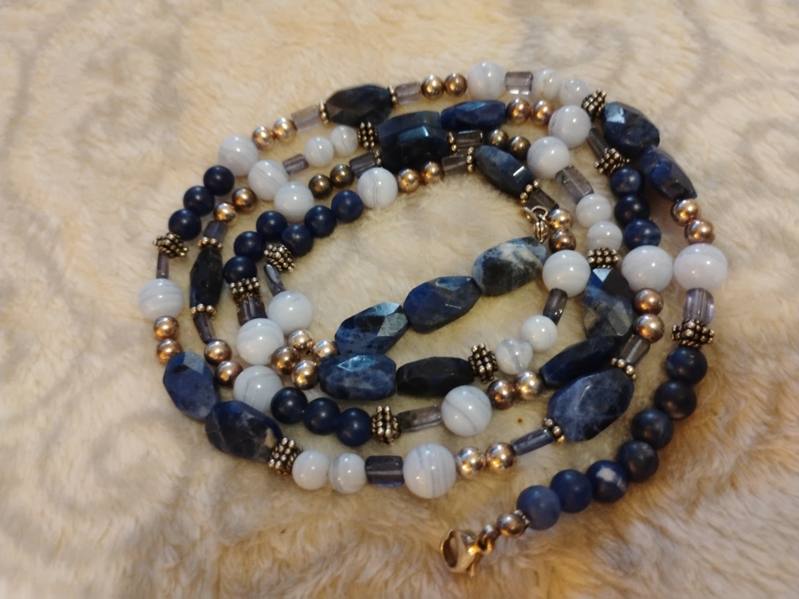 Sterling And Lapis Necklace MOP Silver Beads 36in Unique Handmade Beautiful