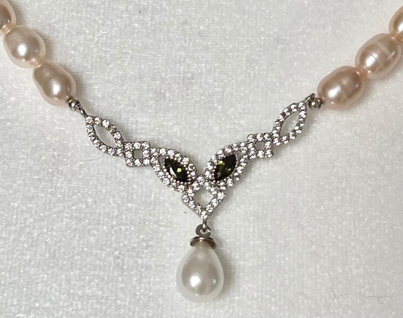 REAL PERIDOT Pearl SAPPHIRE 14K W Gold on SOLID 925 Drop Necklace PINK Victorian