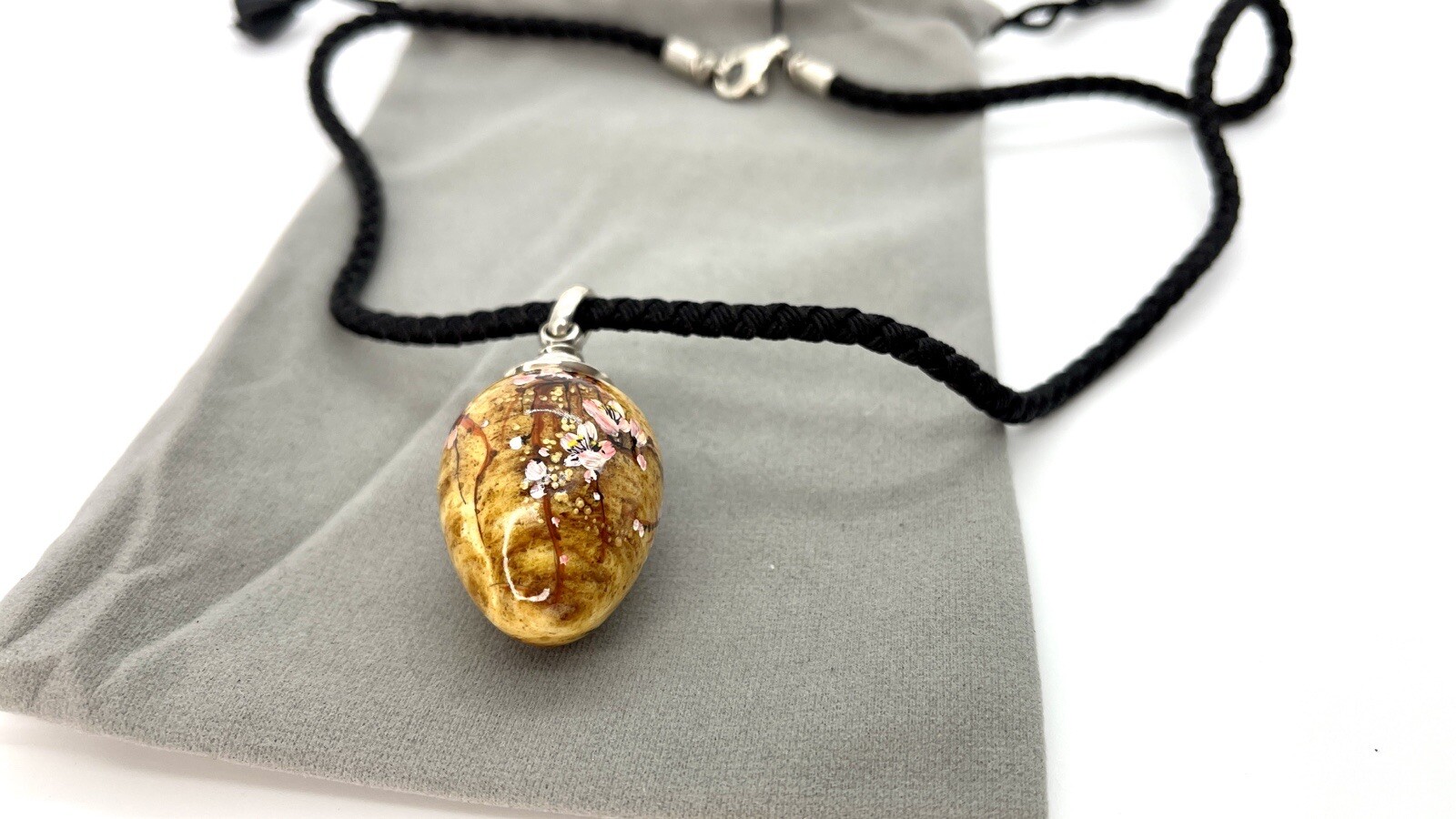 Sakura Tree Flowers Pendant Amber Silk Black Necklace Art Work Handmade Gift Jam