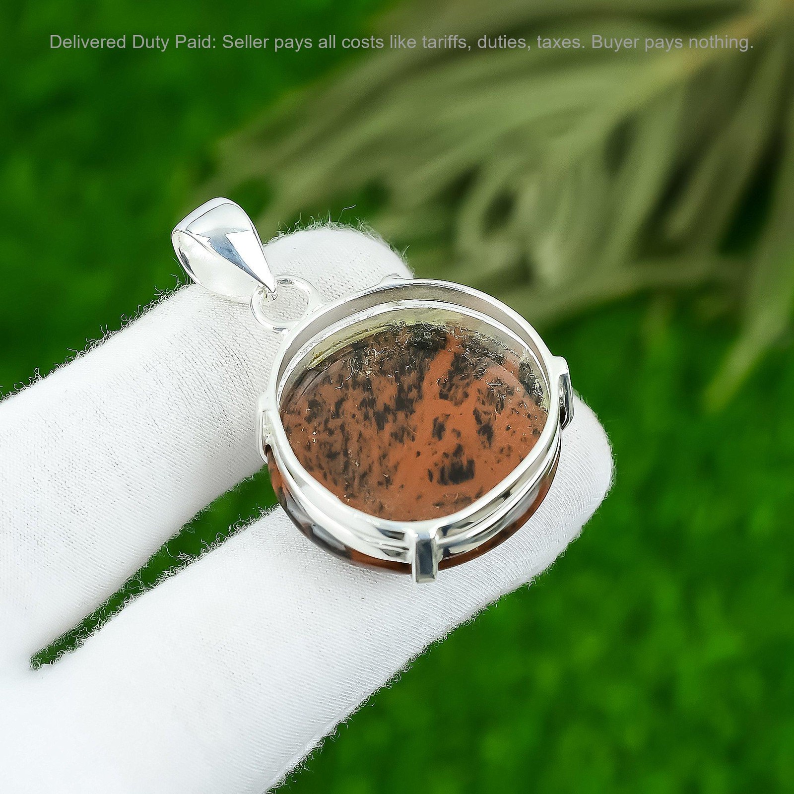 Sterling Silver Round Mahogany Obsidian Stone Anniversary Birthday Bezel Pendant