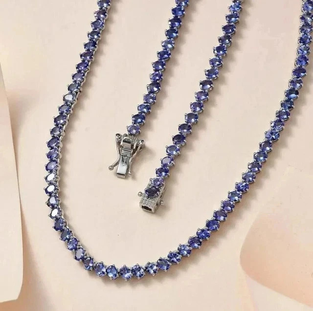 3MM Round Lab-Created Tanzanite Wedding Tennis Necklace White Gold Plated 18″