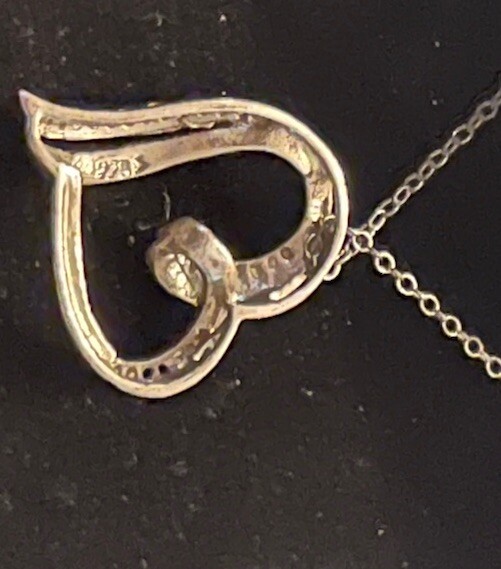 NIB Sterling Silver Real White & Black Diamonds Open Heart Slide Pendant 16” L