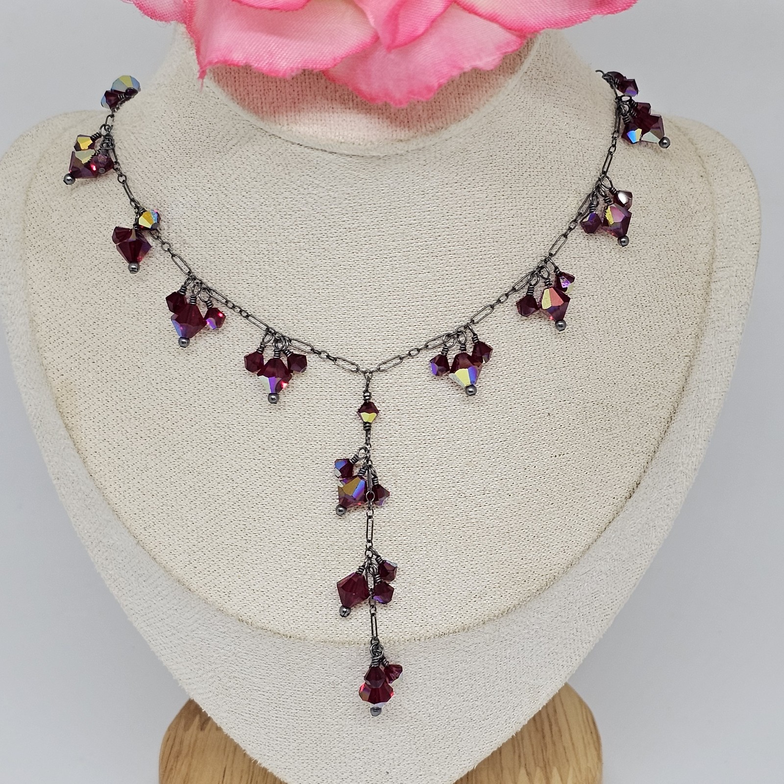 925 Oxidized Sterling Silver – Red Crystal Bead Charms Lariat Chain Necklace