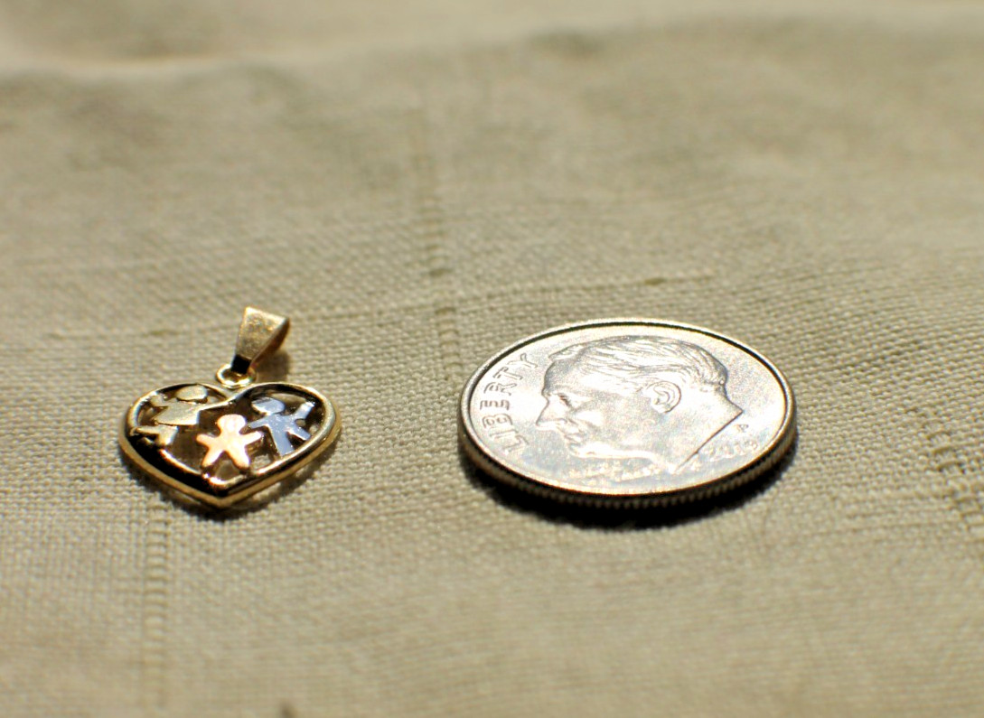 Solid 10K Yellow White & Rose Gold Children Heart Grandkids Charm Pendant Kids