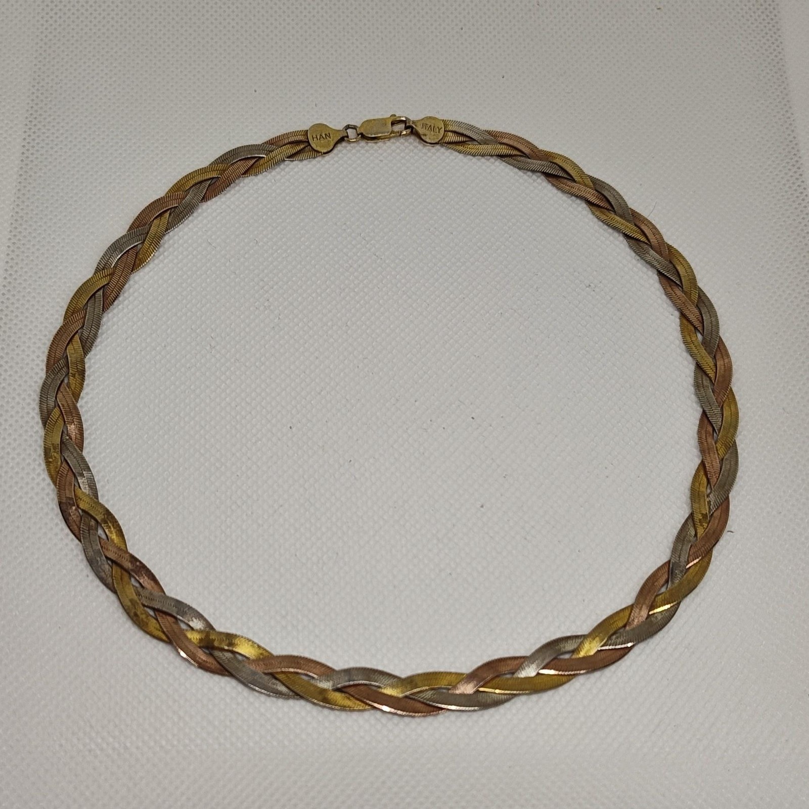 HAN Italy 925 Sterling Silver Tri Color Braided Necklace 18g Yellow Rose White