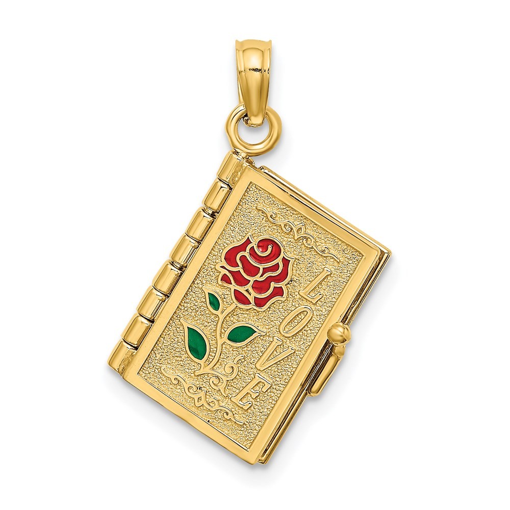 14k Yellow Gold Enameled 3-D Moveable LOVE Bible Verse Flower Book Pendant