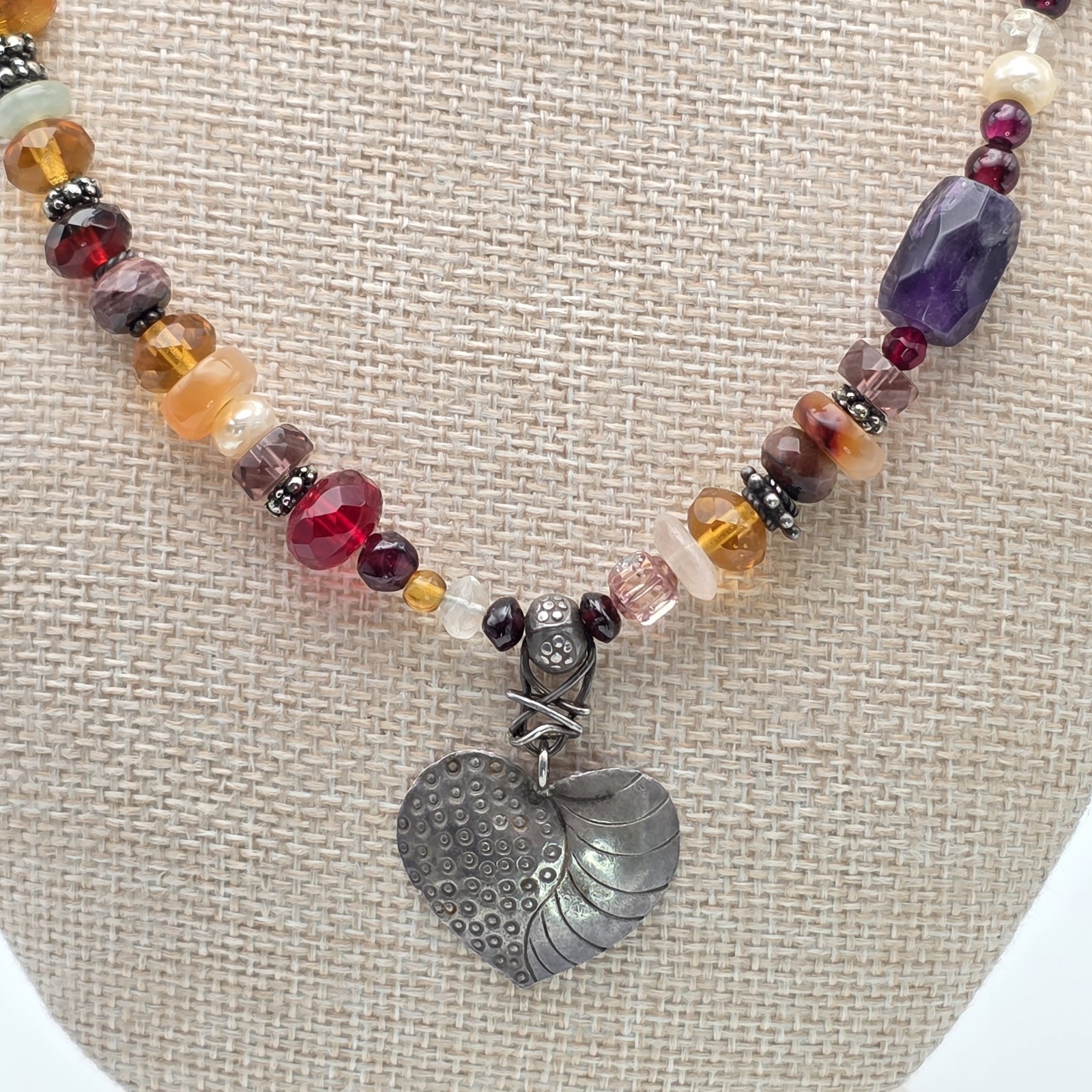 Multi-Color Gemstone Necklace Garnet Amethyst Citrine Pearl 925 Sterling Silver