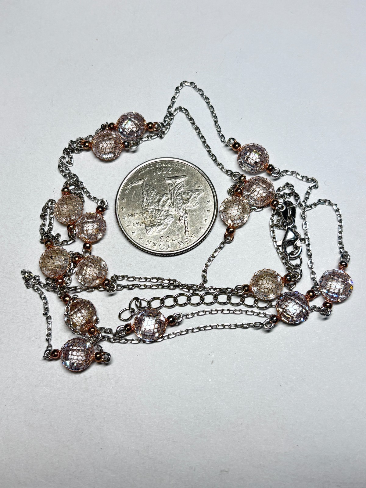Sterling Silver Rose Quartz Station Necklace 11.4g 36in