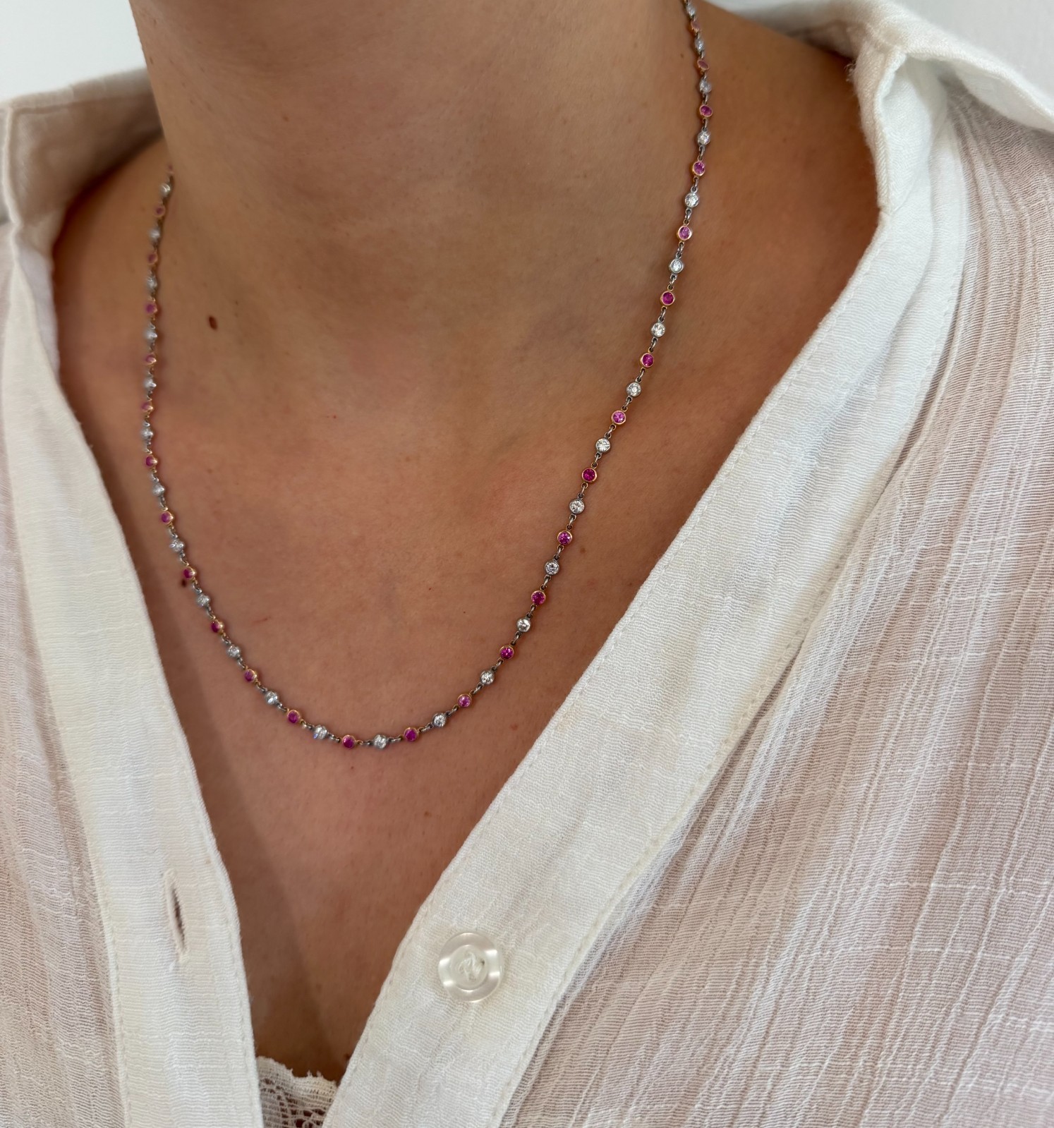 18K Gold Diamond Pink Sapphire Diamond By The Yard Necklace 1.70ct D. 2.25ct S.