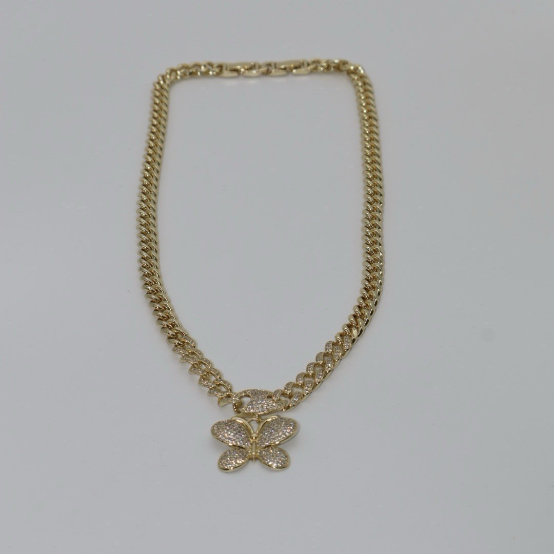 Gold Tone Cuban Link Chain Necklace w/ Butterfly Charm Pendant Clear Rhinestones