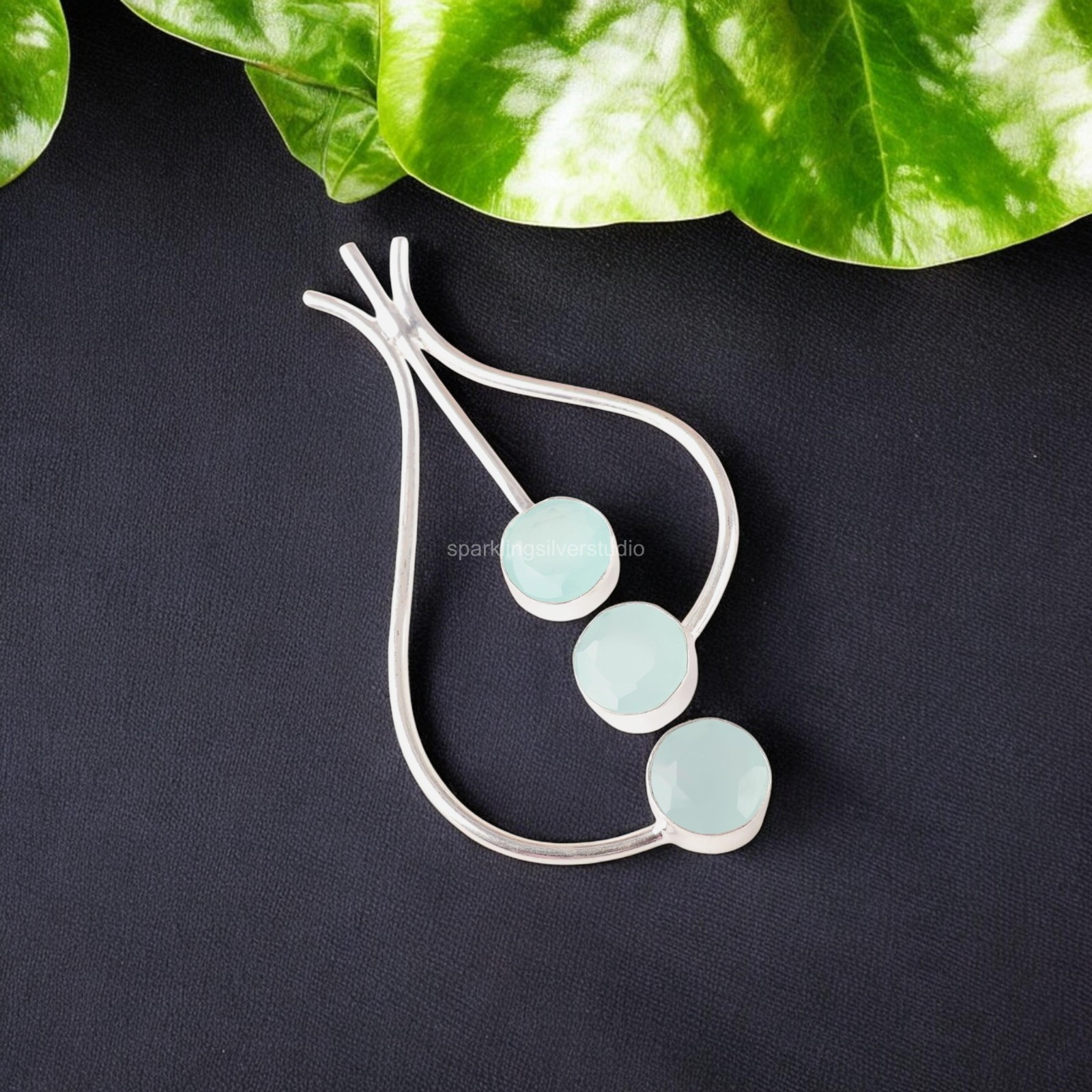 925 Silver Aqua Chalcedony Gemstone Jewelry Handmade Trendy Pendant 2.2″ For Her