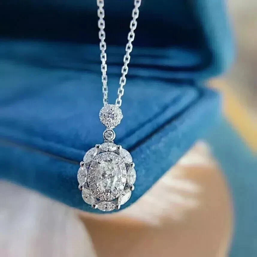 2.30Ct Oval Cut Lab Created Diamond Halo Pendant 14K White Gold Plated