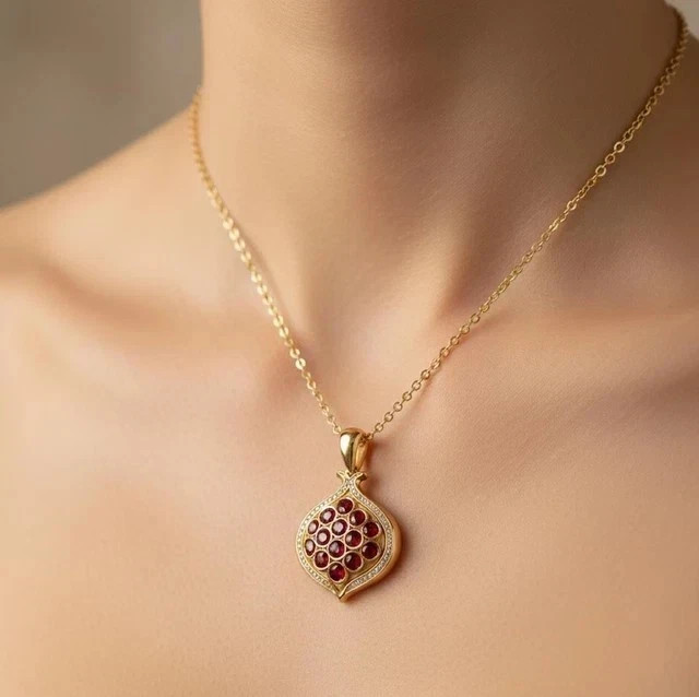 14K Gold Plated Lab Created Garnet Pomegranat Shape Pendant Necklace for Womens