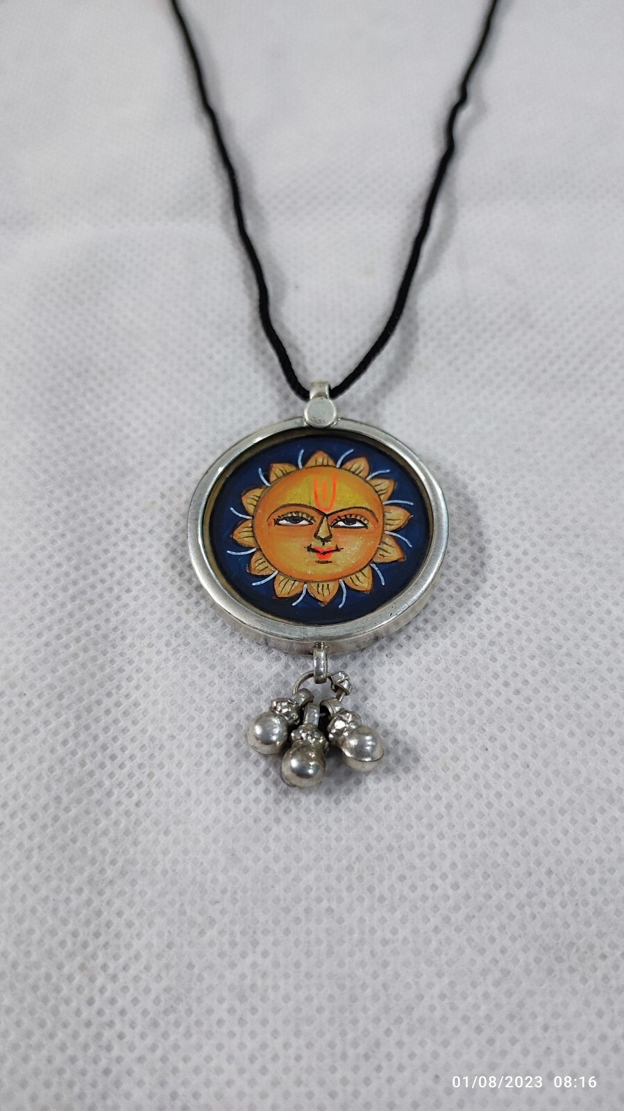 Handmad Art Painting Glass Framed 92.5 Silver Dangles Pendant Deity Sun Necklace