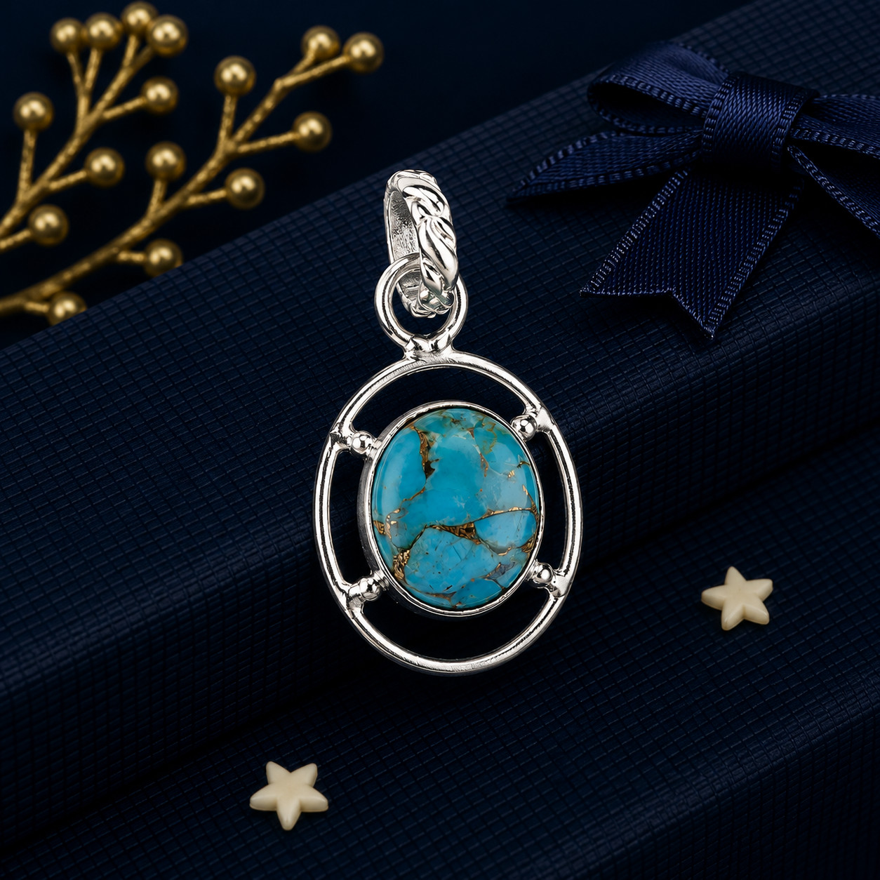 Blue Copper Turquoise 925 Sterling Silver Necklace Pendent1.30″ Gift For Women