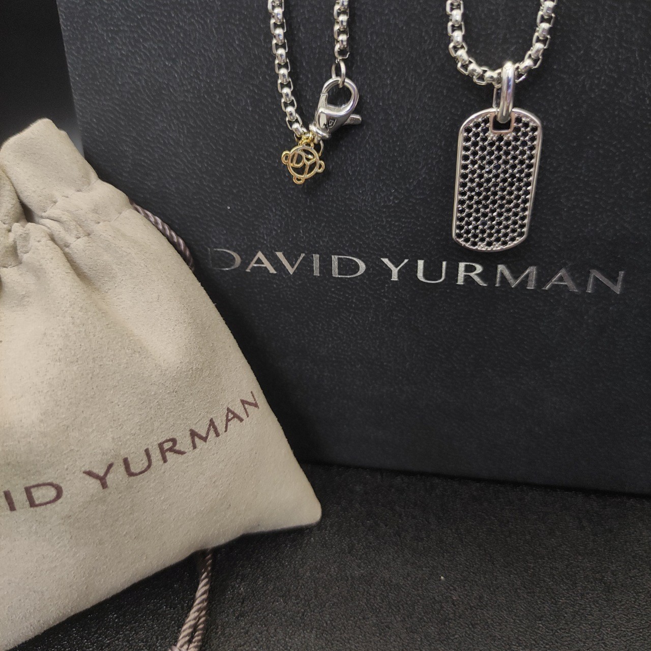 David Yurman 925 Silver Pavé Black Diamond Dog Tag Pendant Box Chain Necklace 55