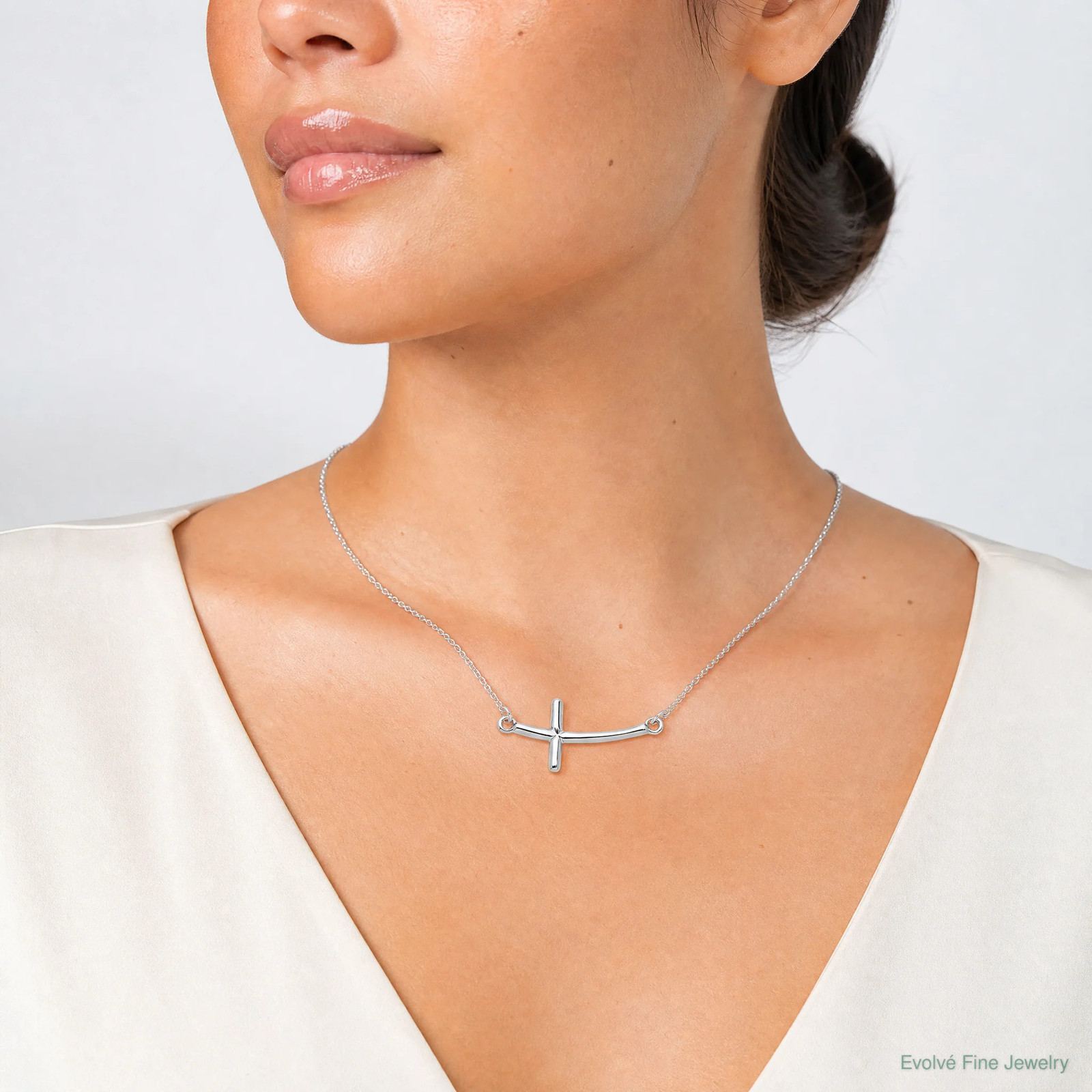 Sterling Silver Rhodium-Plated Large Sideways Curved Cross Necklace