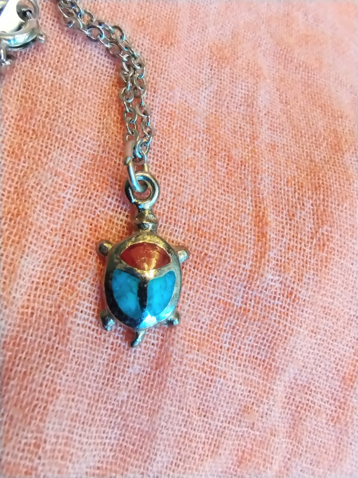 Vintage Native American Sterling Silver 925 Turtle Turquoise Coral Necklace