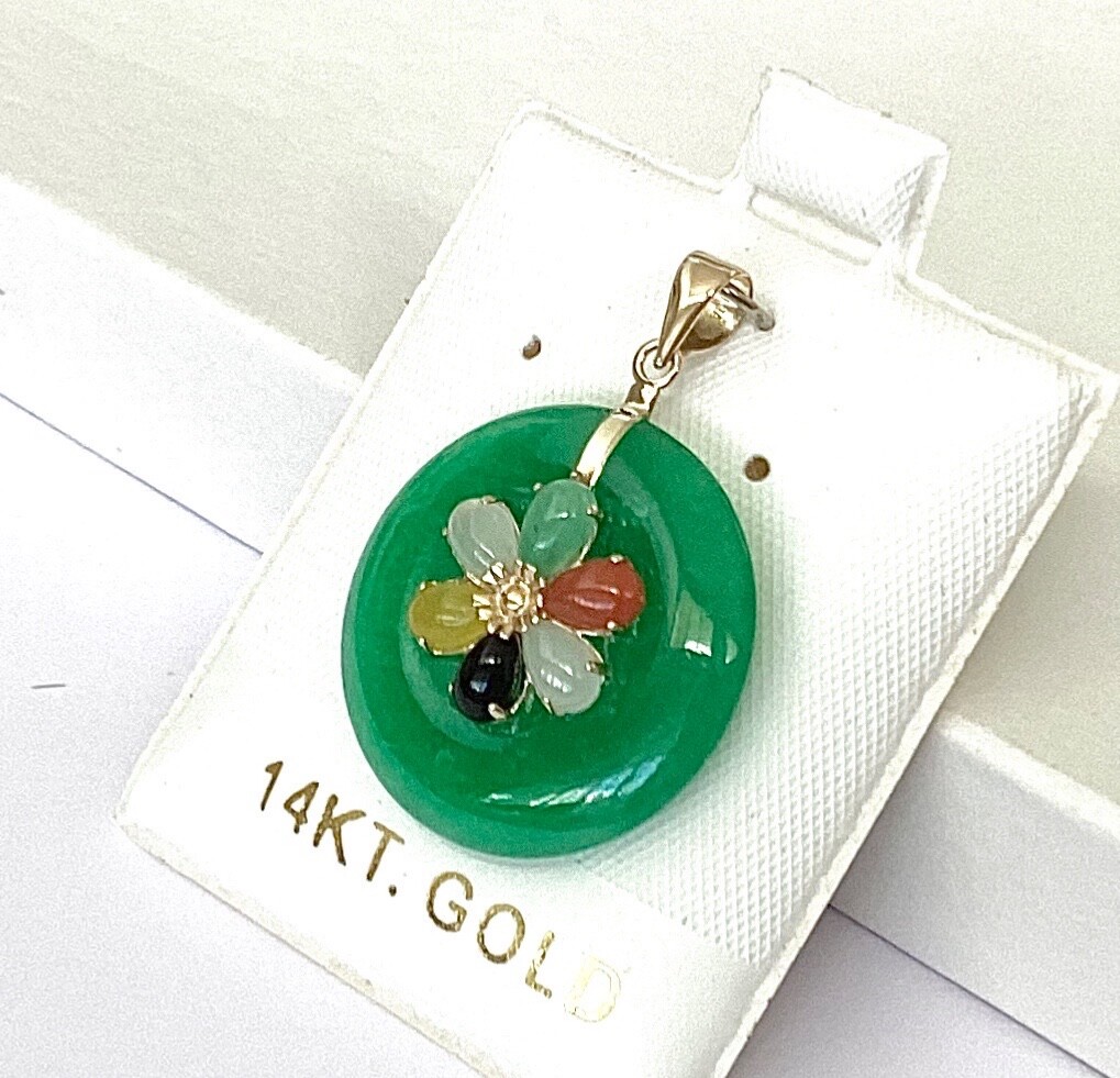 Solid 14K Yellow Gold Green Jade & Multicolor Jade Flower Pendants NEW