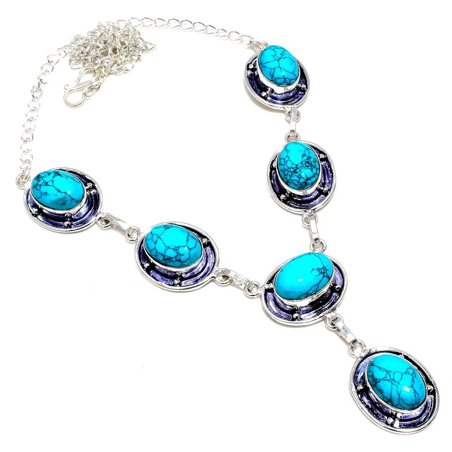 Blue Turquoise Gemstone Handmade 925 Sterling Silver Jewelry Necklace Size 18″