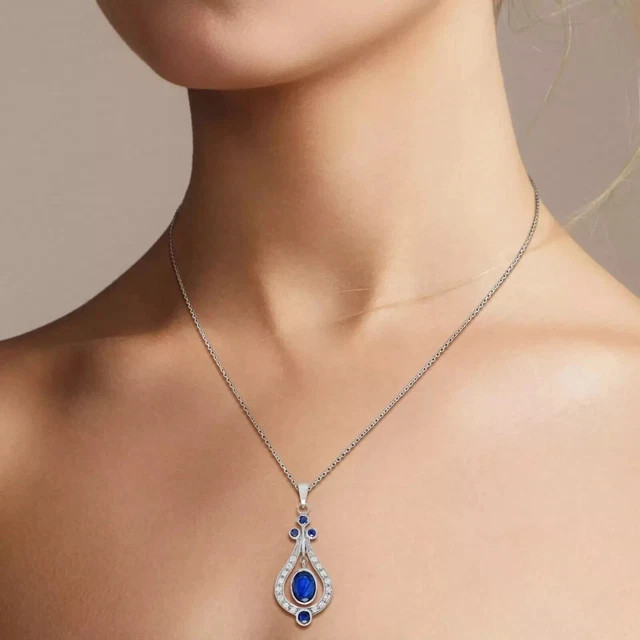 Art Deco Style Moissanite Blue Sapphire Diamond Women Pendant 14k White Gold FN