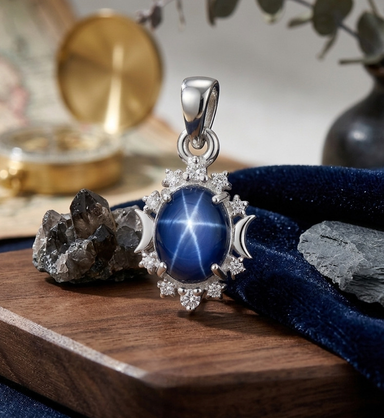 Genuine Blue Star Sapphire Gemstone 925 Starling Silver Lindy Star Stud Pendant