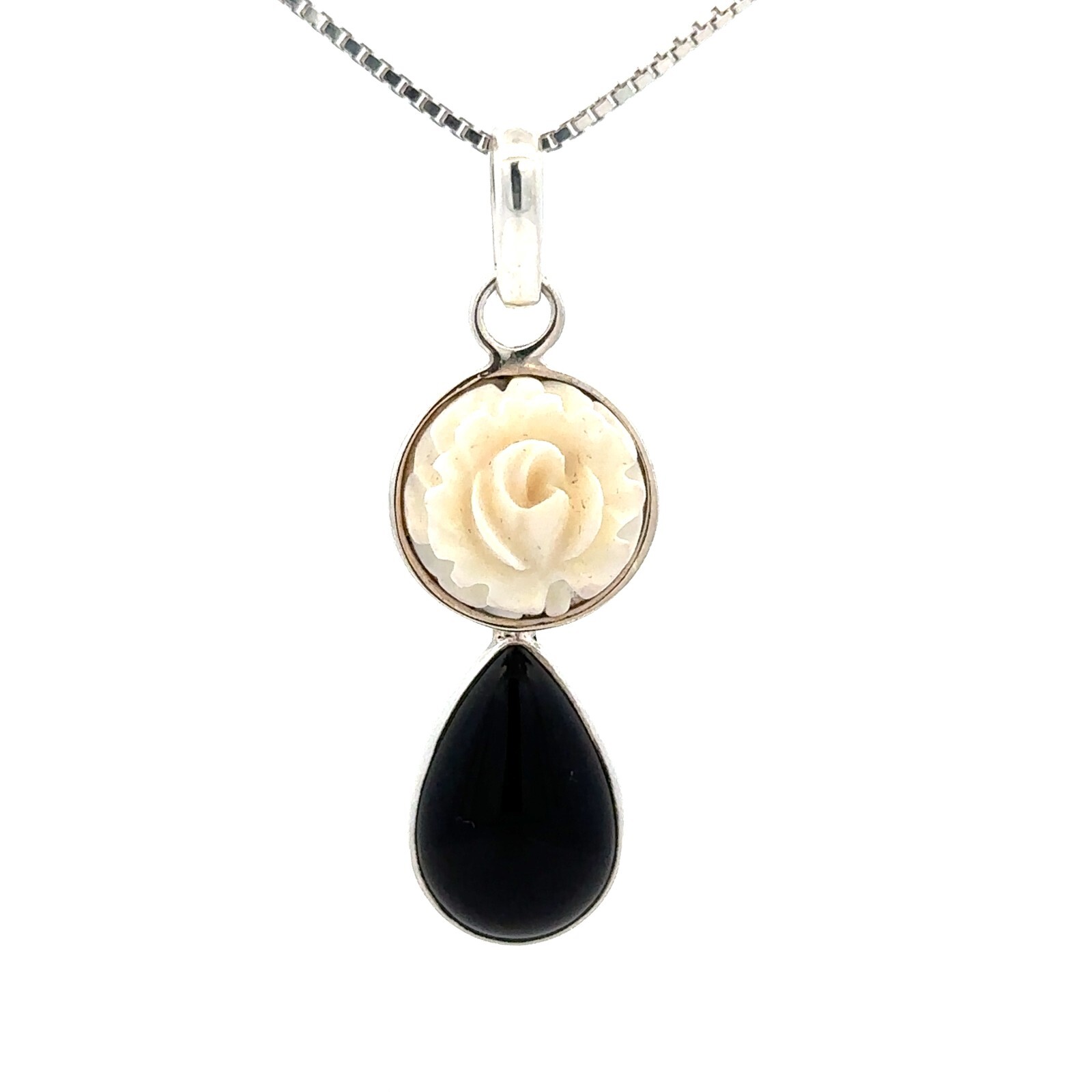 Sterling Silver Onyx And Carved Rose Pendant (1/2 x 1 1/2 Inch)