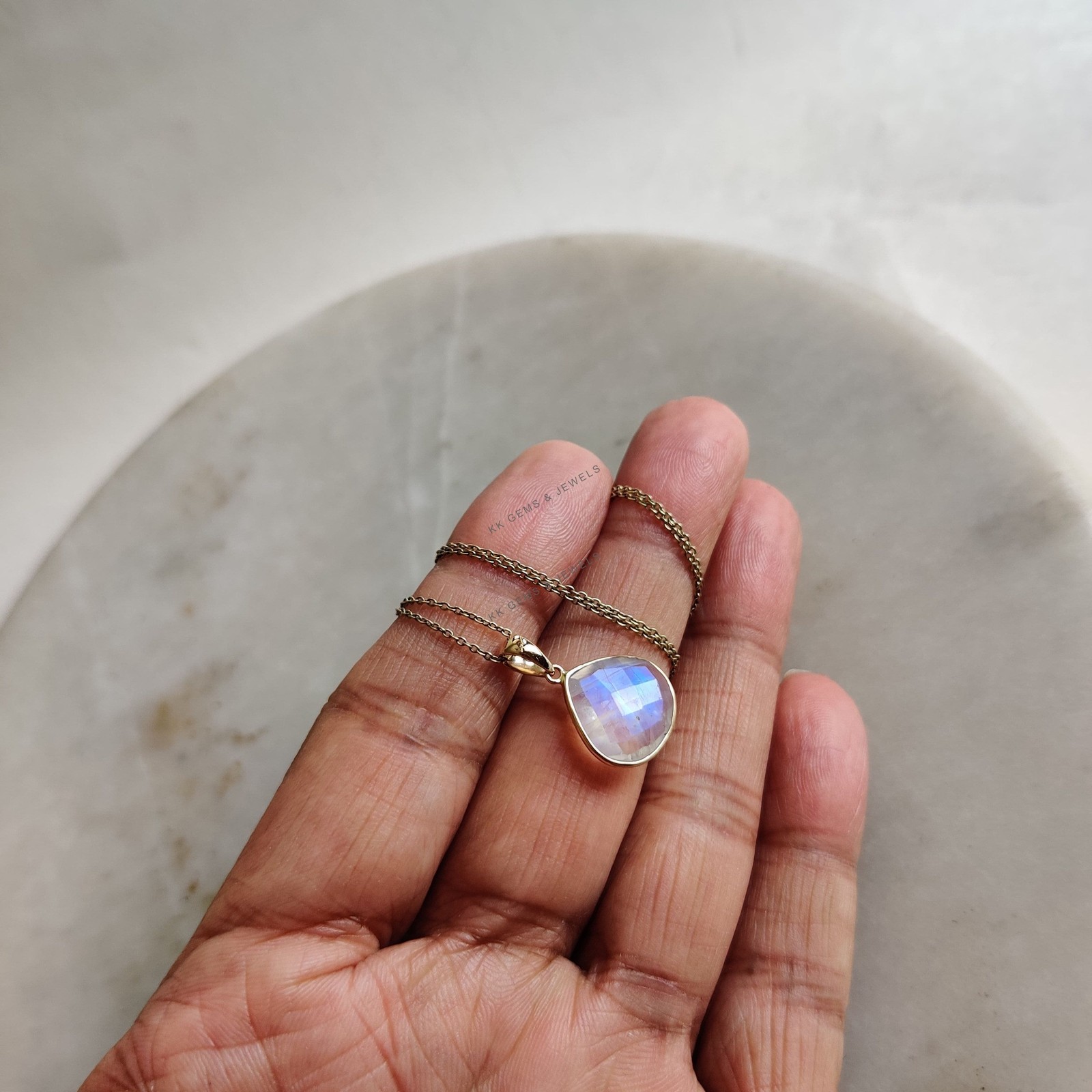5.80 Ct Natural Rainbow Moonstone Pendant 14K Gold Bezel June Birthstone Gift