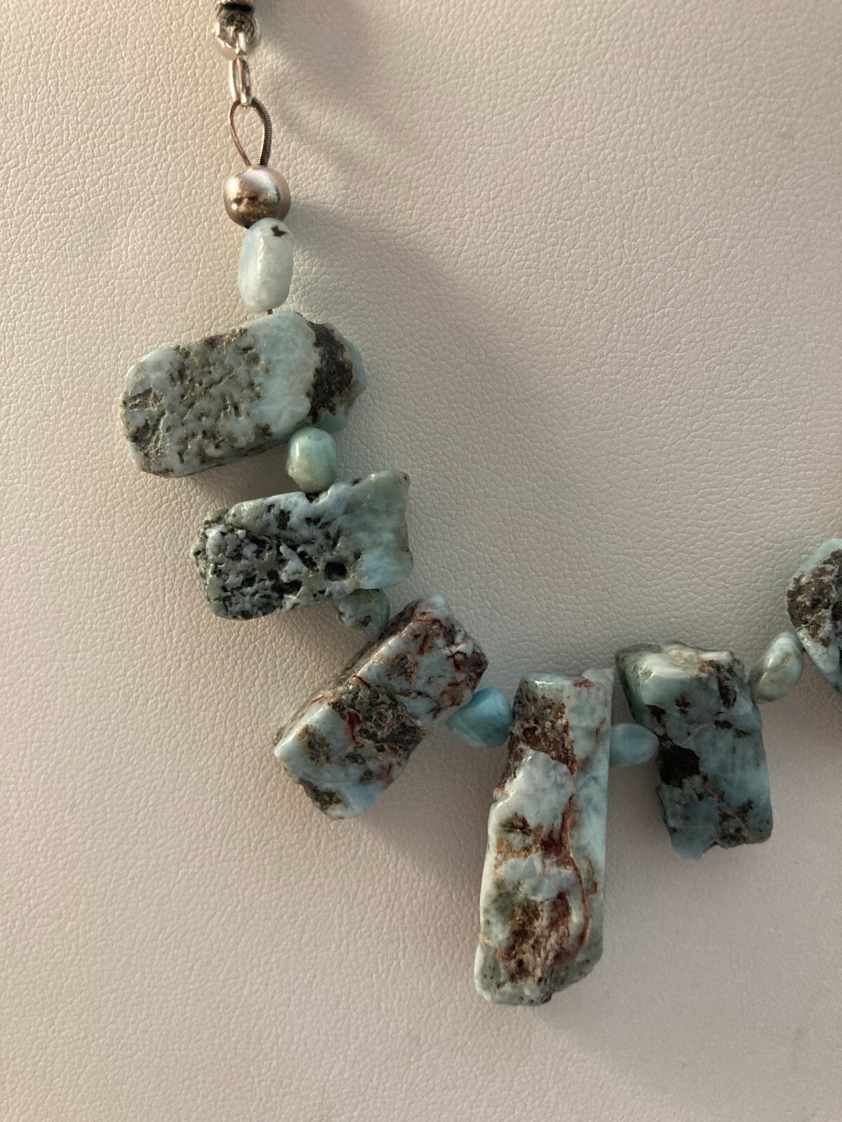 .925 Sterling Silver 20″ Rough Cut Nuggets Larimar Necklace Bali style chain